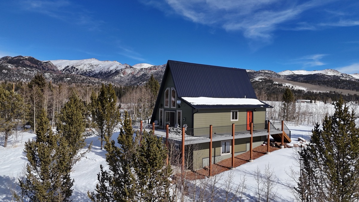 Hope A-Frame cabin in the snow near Woodland Park, Colorado